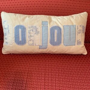 Decorative Pillow with Blue 'Hello' and BonJour Design